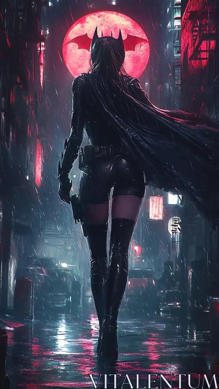 Night-streaked vigilante strides beneath the crimson bat moon