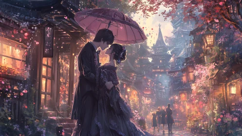 Couple stands under pink umbrella in romantic lantern street