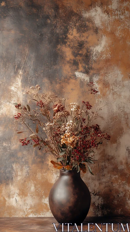 Dried botanical arrangement in dark vase against mottled wall.