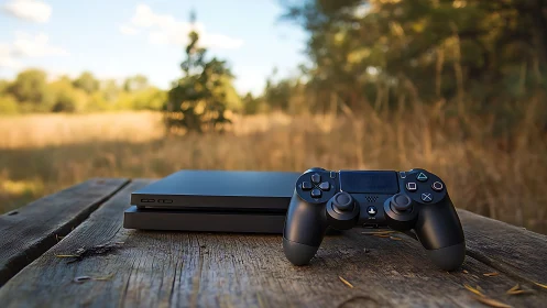 PlayStation console with controller on rustic outdoor table.