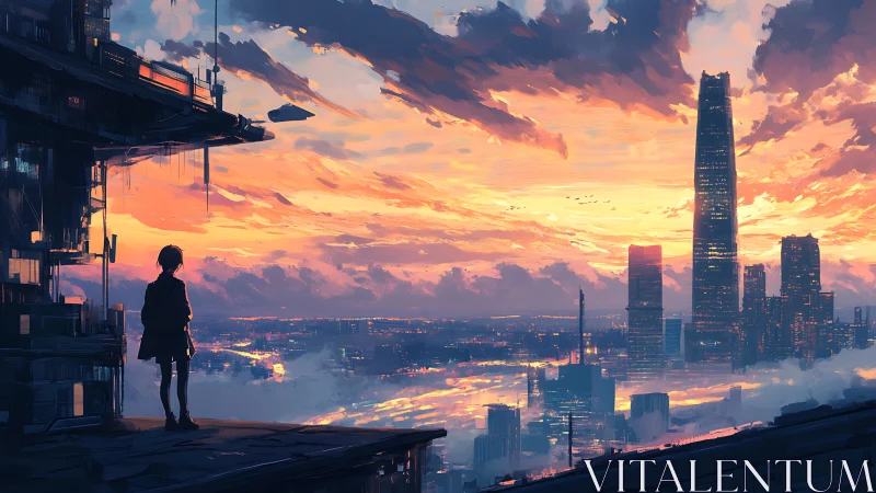 Solitary figure above neon city at blazing sunset sky.