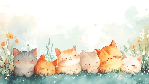 Five Peaceful Kittens Resting Among Spring Flowers