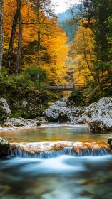 Autumn forest river with wooden bridge and rocky stream.