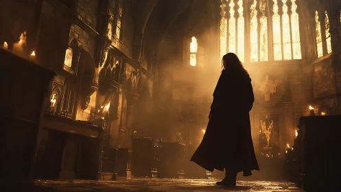 Cloaked figure in candlelit gothic hall with large windows.