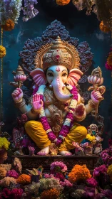 Photorealistic Ganesha idol with ornate floral shrine composition.