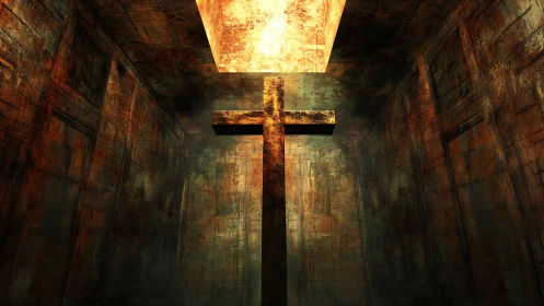 Cross stands in rusted chamber under harsh overhead light