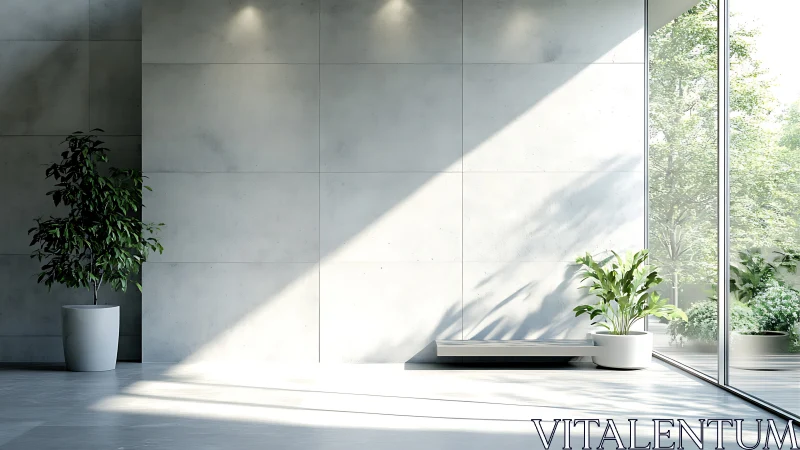 Concrete minimal interior with planar daylight and potted foliage