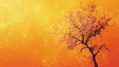 Solitary tree silhouette against a vibrant orange sunset sky.