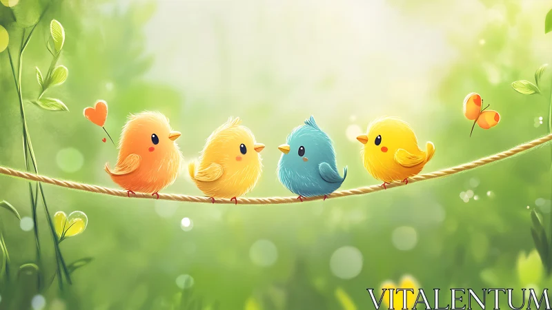 Charming Chicks Perched on Branch in Spring Garden.