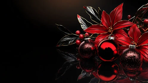 Red ornaments and poinsettias on reflective black surface.