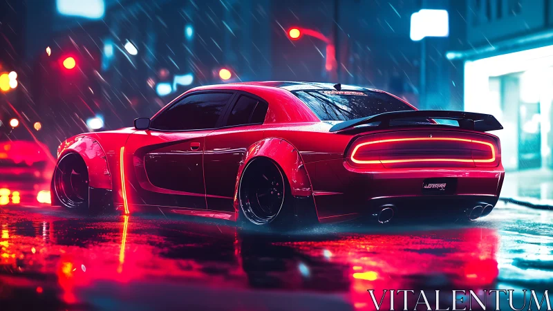 Neon-soaked muscle car in cyberpunk rain street environment.