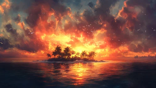 Tropical Island Silhouetted Against Intensive Solar Flare Sky