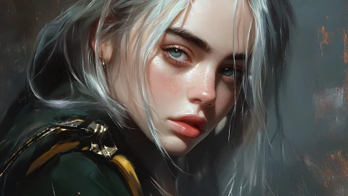 Digital portrait of young woman with pale hair and coat.