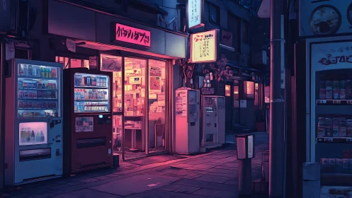 Neon vending street glows softly in a quiet Tokyo night