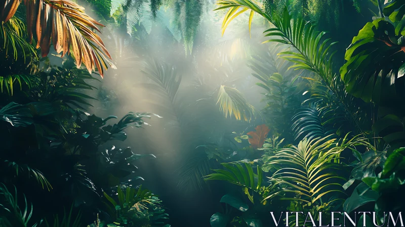 Tropical forest canopy with diffused sunlight penetration through vegetation.