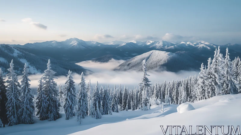 Snow covered conifer forest and distant mountain ranges in winter.