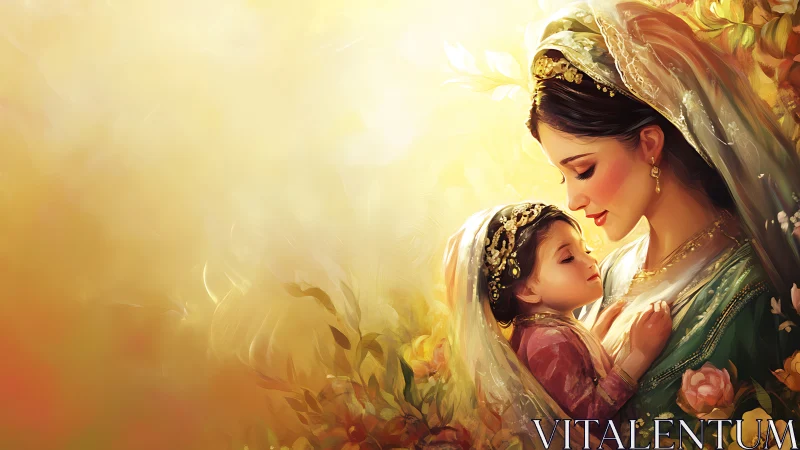 Golden light embraces a tender moment between mother and child.