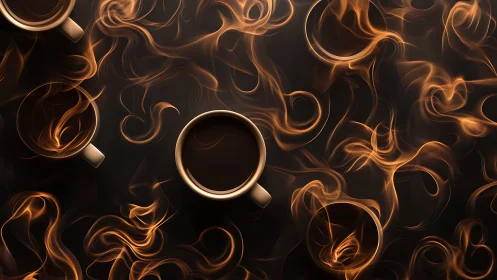 Coffee cups with swirling golden smoke on dark backdrop.