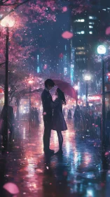 Lovers stand beneath neon rain as cherry blossoms drift by