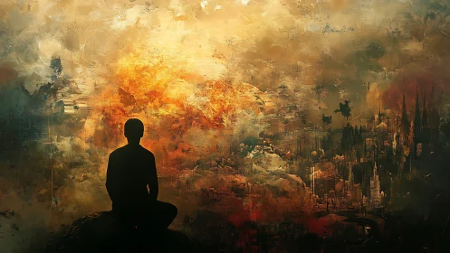 Silhouetted figure observes abstract urban landscape calmly