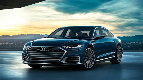 Sleek blue luxury sedan resting under a glowing city sunset.