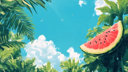 Sky-high watermelon daydream above lush tropical leaves.