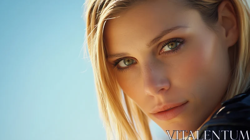 Close portrait of blonde woman against clear blue sky.