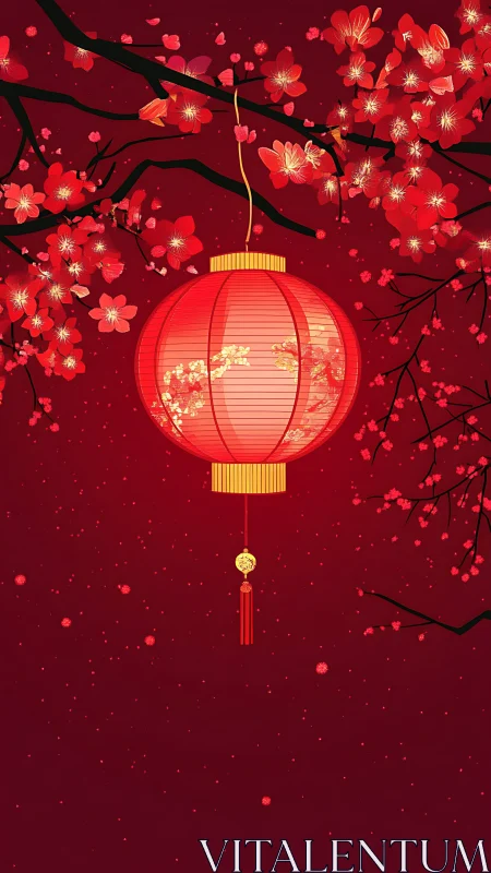 Red lantern glows among cherry blossoms on deep crimson sky.