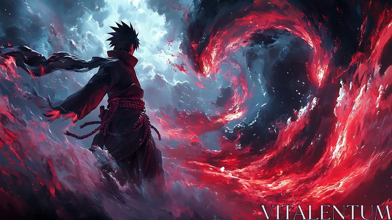 Brooding anime hero facing a swirling red storm of power.