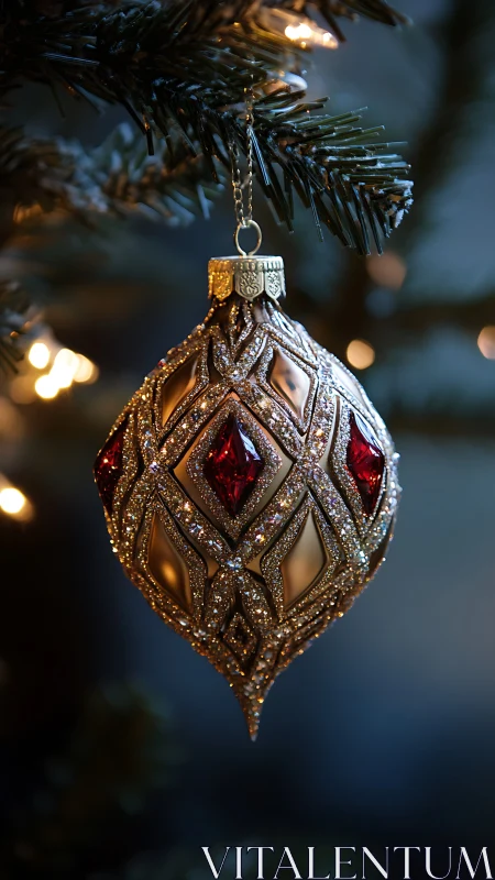 Ornate gold Christmas ornament with red jeweled inlays.