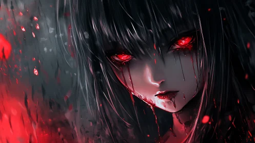 Dark anime girl with glowing red eyes and blood splatter.