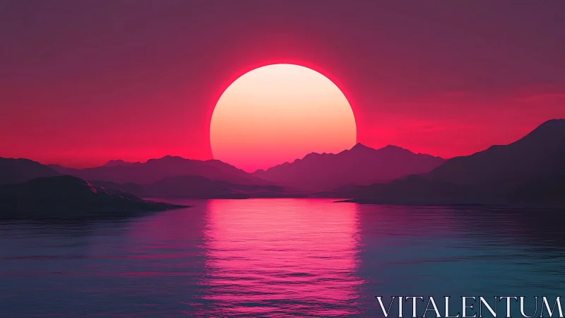 Neon sun sinks behind coastal mountains over mirrored sea.