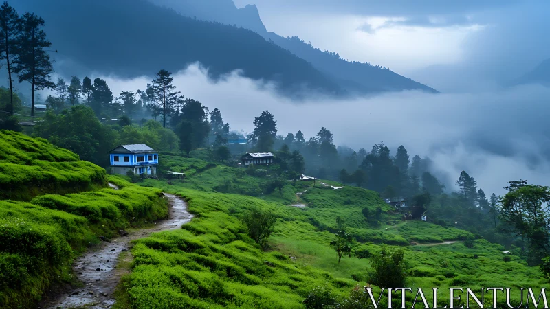 Fog-draped hillside village and a lone blue house dreaming.