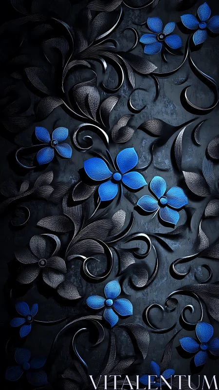Embossed Metallic Relief with Chromatic Blue Floral Accents
