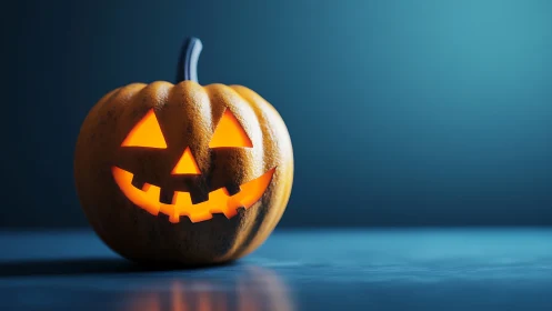 Glowing jack o lantern rests on reflective blue surface.
