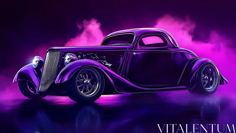Custom 1930s hot rod coupe rendered in neon magenta rim lighting