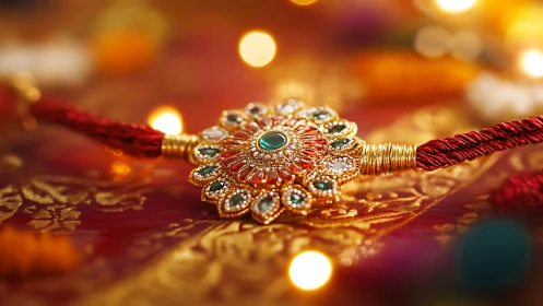 Glimmering festive rakhi resting in a golden glow of light.