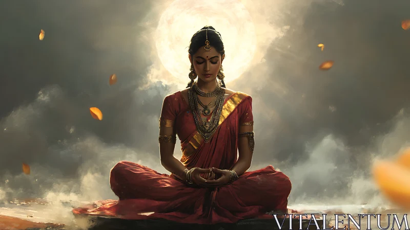 Serene woman in red saree meditating in golden light.
