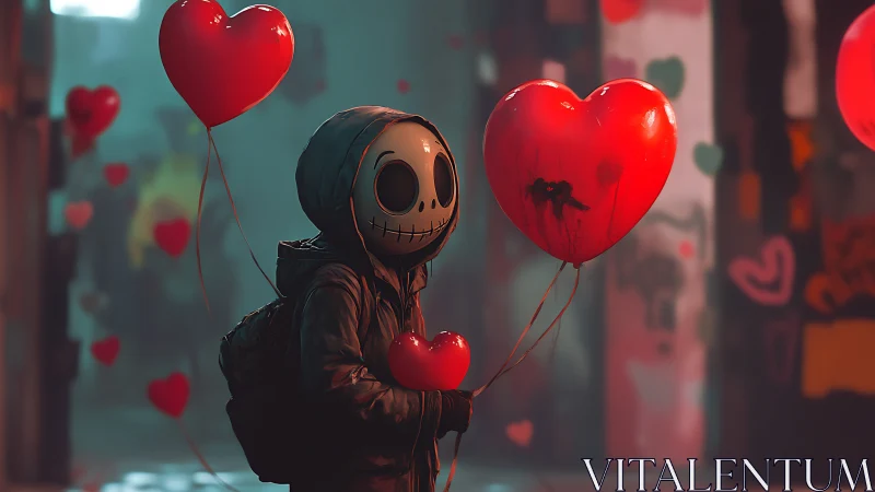 Skeletal Figure with Red Heart Balloons in Cyberpunk Urban Void