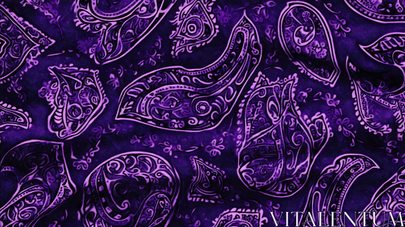 Purple paisley fabric pattern with stylized ornamental shapes.