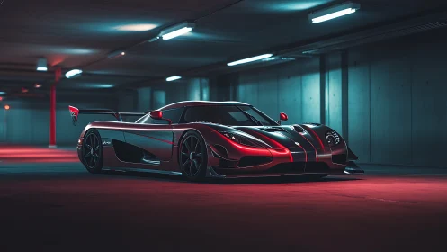 Sleek red supercar glows under neon lights in a quiet garage