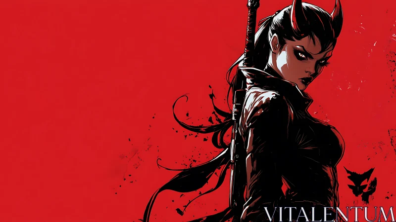 Scarlet backdrop framing horned warrior in inky silhouette.