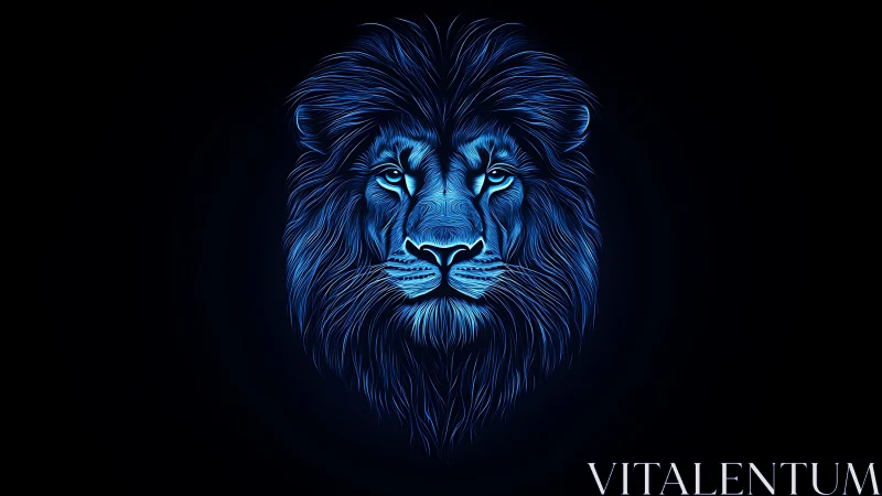 Neon blue lion head illustration on dark black background.