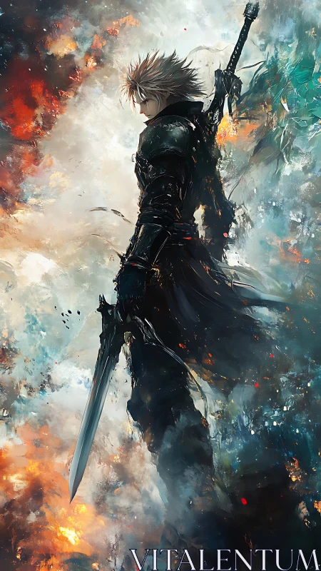 Lone anime swordsman strides through swirling elemental storm.