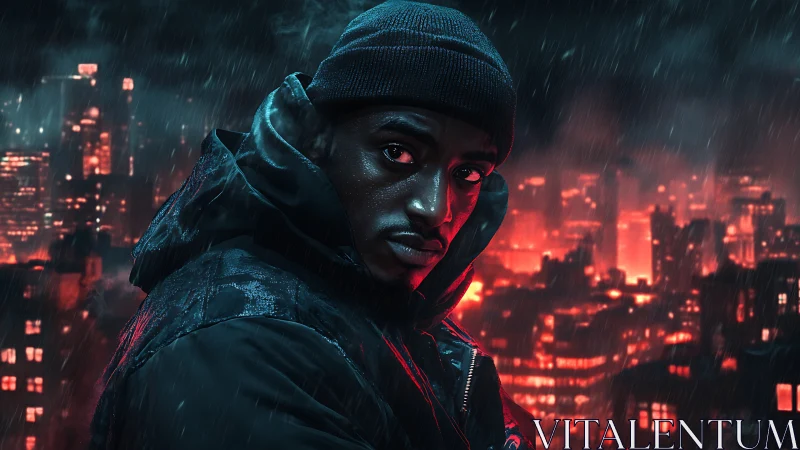 Brooding man in rainlit neon cityscape radiates urban tension