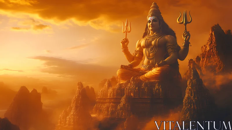 Majestic mountain deity statue in glowing orange sunset sky.