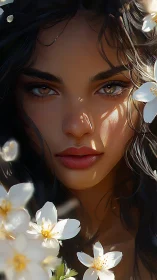 Sunlit floral portrait of young woman with luminous gaze.