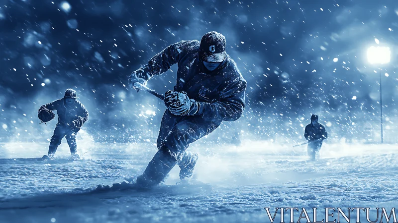 Ice hockey players skate hard through heavy falling snow