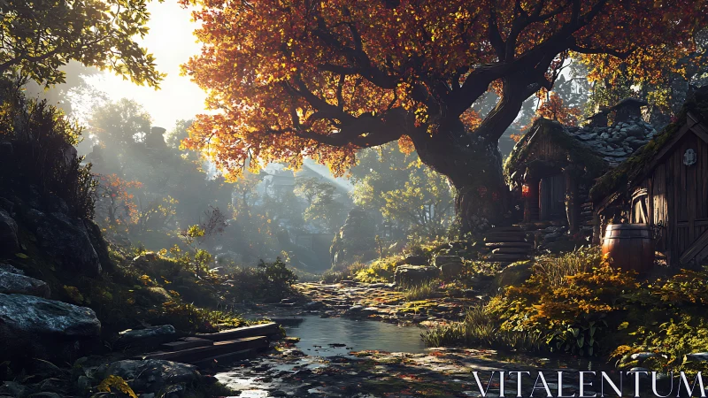 Rural forest path with stream and rustic wooden cottages.