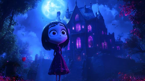 Moonlit goth girl before candy-glow haunted mansion.